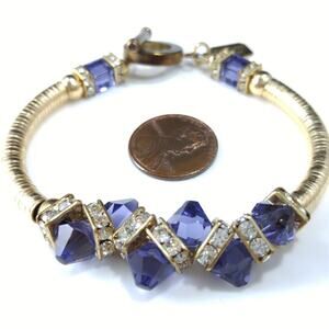 Purple Crystal Bracelet, Clear Rondelle Rhinestone Beads, 7 Inch, Toggle Clasp